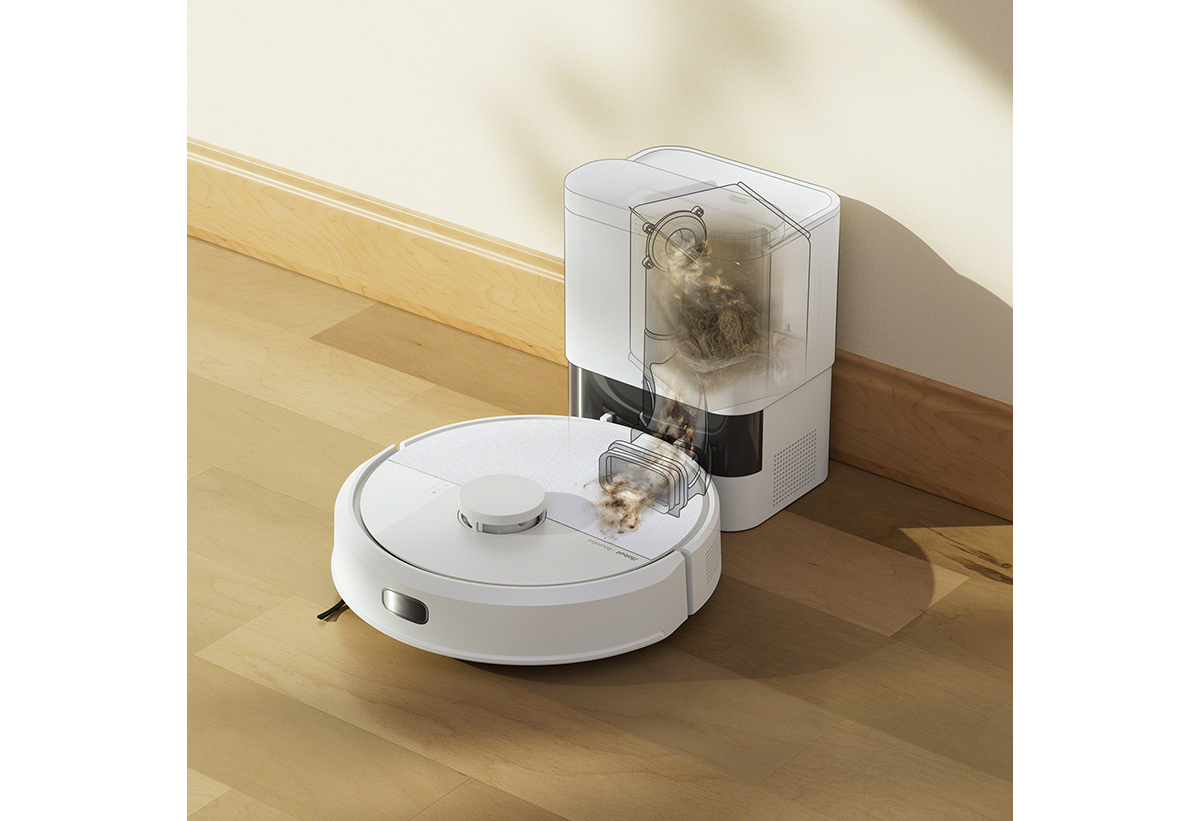 Απεικονίζεται η σκούπα να αδειάζει στον σταθμό καθαρισμού.